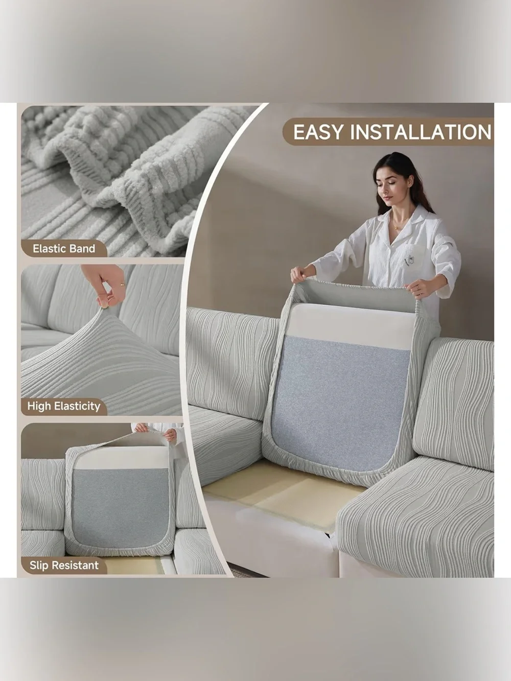 Soft Wavy Gray Sofa Slipcover, Elastic Slip Resistant for Sectional Chaise